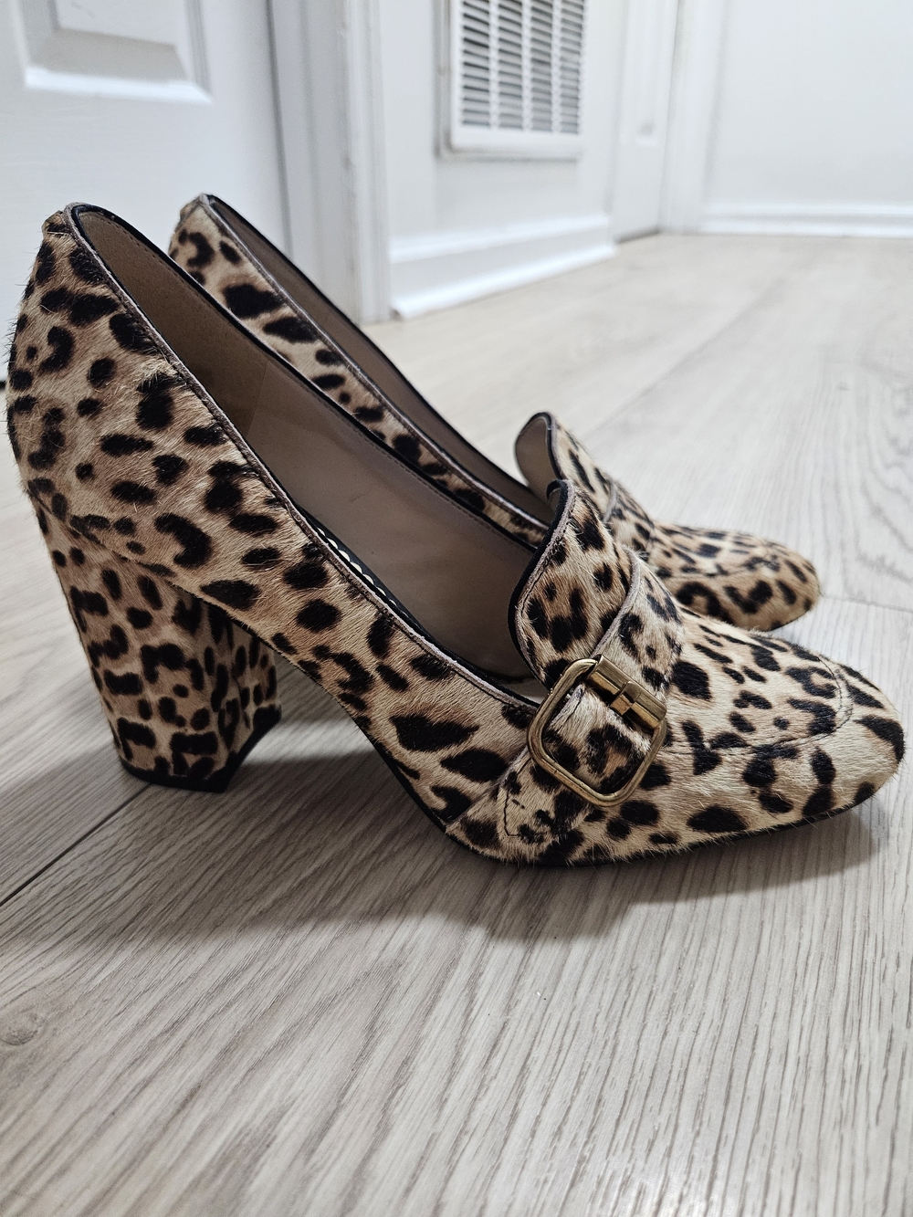 Sam Edelman Leopard Print Block Heel Loafers with Gold Buckle Size 7.5